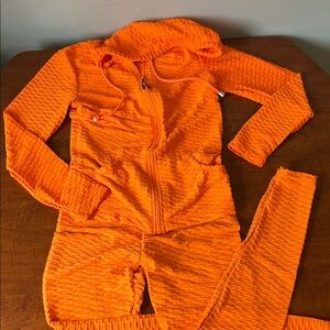 Bright Orange Set Textured Hoodie Jacket Leggings 🧡